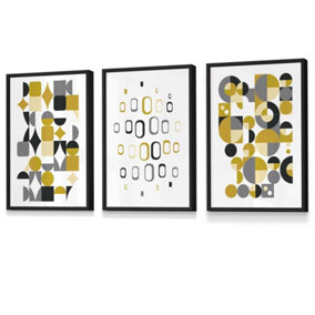 Set of 3 Mid Century Graphical Grey Yellow Wall Art Prints / 30x42cm (A3) / Black Frame