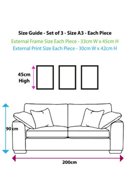 Set of 3 Mid Century Graphical Grey Yellow Wall Art Prints / 30x42cm (A3) / Black Frame