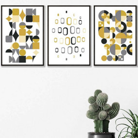 Set of 3 Mid Century Graphical Grey Yellow Wall Art Prints / 42x59cm (A2) / Black Frame