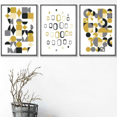 Set of 3 Mid Century Graphical Grey Yellow Wall Art Prints / 42x59cm