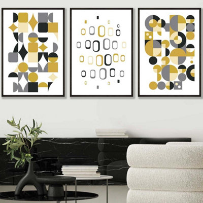 Set of 3 Mid Century Graphical Grey Yellow Wall Art Prints / 50x70cm