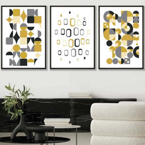 Set of 3 Mid Century Graphical Grey Yellow Wall Art Prints / 50x70cm / Black Frame