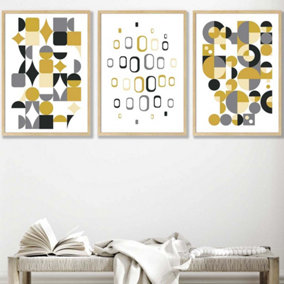 Set of 3 Mid Century Graphical Grey Yellow Wall Art Prints / 50x70cm / Oak Frame