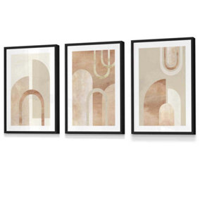 Set of 3 Mid Century Terracotta and Beige Arches Wall Art Prints / 30x42cm (A3) / Black Frame