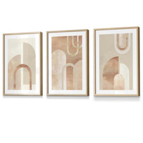 Set of 3 Mid Century Terracotta and Beige Arches Wall Art Prints / 30x42cm (A3) / Oak Frame
