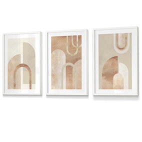 Set of 3 Mid Century Terracotta and Beige Arches Wall Art Prints / 30x42cm (A3) / White Frame