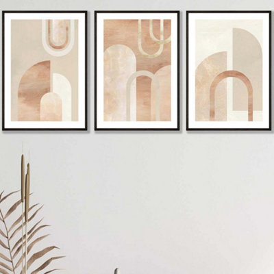 Set of 3 Mid Century Terracotta and Beige Arches Wall Art Prints / 42x59cm (A2) / Black Frame
