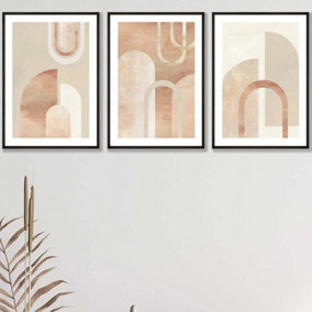 Set of 3 Mid Century Terracotta and Beige Arches Wall Art Prints / 42x59cm (A2) / Black Frame
