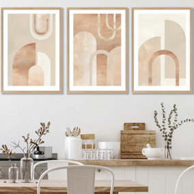 Set of 3 Mid Century Terracotta and Beige Arches Wall Art Prints / 42x59cm (A2) / Oak Frame