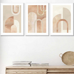 Set of 3 Mid Century Terracotta and Beige Arches Wall Art Prints / 42x59cm (A2) / White Frame