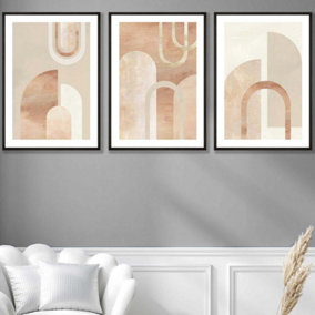 Set of 3 Mid Century Terracotta and Beige Arches Wall Art Prints / 50x70cm / Black Frame