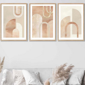 Set of 3 Mid Century Terracotta and Beige Arches Wall Art Prints / 50x70cm / Oak Frame