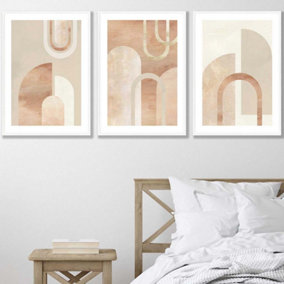 Set of 3 Mid Century Terracotta and Beige Arches Wall Art Prints / 50x70cm / White Frame