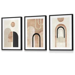Set of 3 Mid Century Terracotta and Black Arches Wall Art Prints / 30x42cm (A3) / Black Frame
