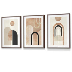 Set of 3 Mid Century Terracotta and Black Arches Wall Art Prints / 30x42cm (A3) / Walnut Frame