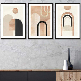 Set of 3 Mid Century Terracotta and Black Arches Wall Art Prints / 42x59cm (A2) / Black Frame