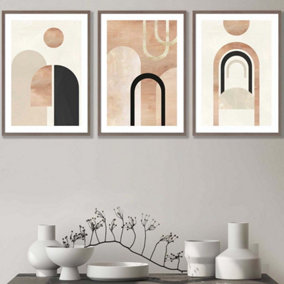 Set of 3 Mid Century Terracotta and Black Arches Wall Art Prints / 42x59cm (A2) / Walnut Frame