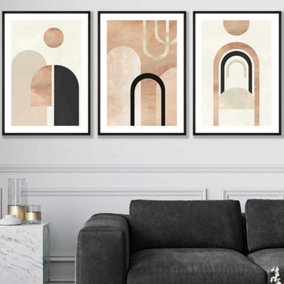 Set of 3 Mid Century Terracotta and Black Arches Wall Art Prints / 50x70cm / Black Frame