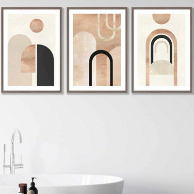 Set of 3 Mid Century Terracotta and Black Arches Wall Art Prints / 50x70cm / Walnut Frame