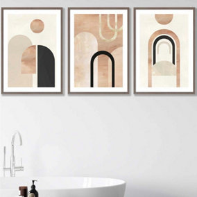 Set of 3 Mid Century Terracotta and Black Arches Wall Art Prints / 50x70cm / Walnut Frame