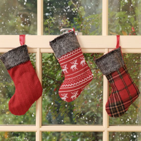 Set of 3 Mini Fairisle Tartan and Woven Christmas Stockings