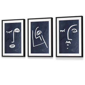 Set of 3 Navy and White Abstract Line Art Faces Wall Art Prints / 30x42cm (A3) / Black Frame