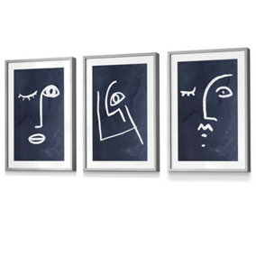 Set of 3 Navy and White Abstract Line Art Faces Wall Art Prints / 30x42cm (A3) / Light Grey Frame