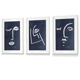 Set of 3 Navy and White Abstract Line Art Faces Wall Art Prints / 30x42cm (A3) / White Frame