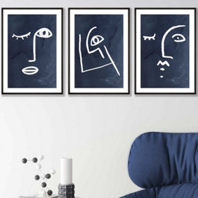 Set of 3 Navy and White Abstract Line Art Faces Wall Art Prints / 42x59cm (A2) / Black Frame