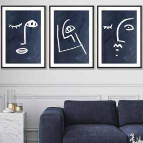 Set of 3 Navy and White Abstract Line Art Faces Wall Art Prints / 50x70cm / Black Frame