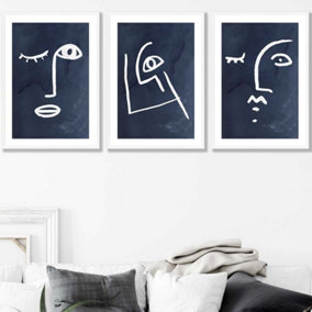 Set of 3 Navy and White Abstract Line Art Faces Wall Art Prints / 50x70cm / White Frame
