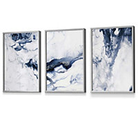 Set of 3 Navy Blue Abstract Ocean Waves Wall Art Prints / 30x42cm (A3) / Light Grey Frame