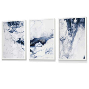 Set of 3 Navy Blue Abstract Ocean Waves Wall Art Prints / 30x42cm (A3) / White Frame