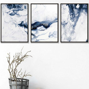 Set of 3 Navy Blue Abstract Ocean Waves Wall Art Prints / 42x59cm (A2) / Black Frame