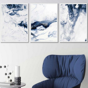 Set of 3 Navy Blue Abstract Ocean Waves Wall Art Prints / 42x59cm (A2) / White Frame
