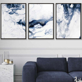 Set of 3 Navy Blue Abstract Ocean Waves Wall Art Prints / 50x70cm / Black Frame