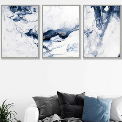 Set of 3 Navy Blue Abstract Ocean Waves Wall Art Prints / 50x70cm ...