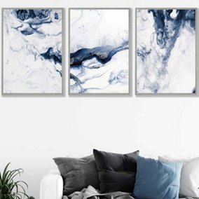 Set of 3 Navy Blue Abstract Ocean Waves Wall Art Prints / 50x70cm / Light Grey Frame