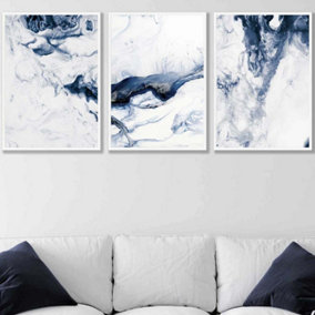 Set of 3 Navy Blue Abstract Ocean Waves Wall Art Prints / 50x70cm / White Frame