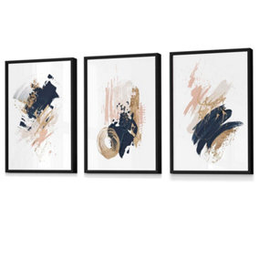 Set of 3 Navy, Pink and Gold Prints of Abstract Oil Paintings Wall Art Prints / 42x59cm (A2) / Black Frame