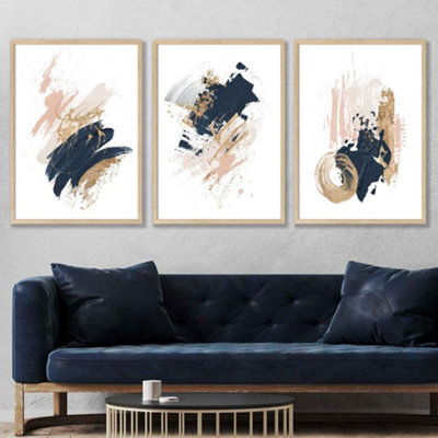 Set of 3 Navy, Pink and Gold Prints of Abstract Oil Paintings Wall Art Prints / 42x59cm (A2) / Black Frame