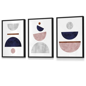 Set of 3 Navy, Pink and Grey Abstract Mid Century Geometric Wall Art Prints / 30x42cm (A3) / Black Frame