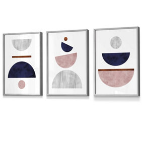 Set of 3 Navy, Pink and Grey Abstract Mid Century Geometric Wall Art Prints / 30x42cm (A3) / Light Grey Frame