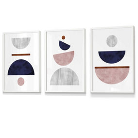 Set of 3 Navy, Pink and Grey Abstract Mid Century Geometric Wall Art Prints / 30x42cm (A3) / White Frame