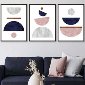 Set of 3 Navy, Pink and Grey Abstract Mid Century Geometric Wall Art Prints / 50x70cm / Black Frame