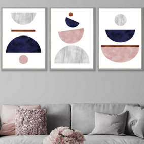 Set of 3 Navy, Pink and Grey Abstract Mid Century Geometric Wall Art Prints / 50x70cm / Light Grey Frame