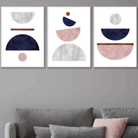 Set of 3 Navy, Pink and Grey Abstract Mid Century Geometric Wall Art Prints / 50x70cm / White Frame