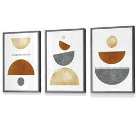 Set of 3 Orange, Gold and Grey Abstract Mid Century Geometric Wall Art Prints / 30x42cm (A3) / Dark Grey Frame