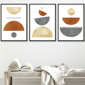 Set of 3 Orange, Gold and Grey Abstract Mid Century Geometric Wall Art Prints / 42x59cm (A2) / Black Frame