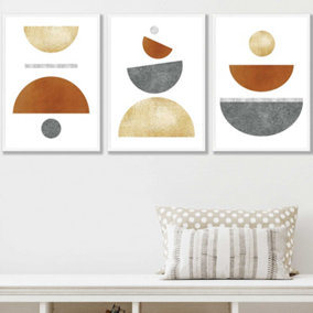 Set of 3 Orange, Gold and Grey Abstract Mid Century Geometric Wall Art Prints / 42x59cm (A2) / White Frame